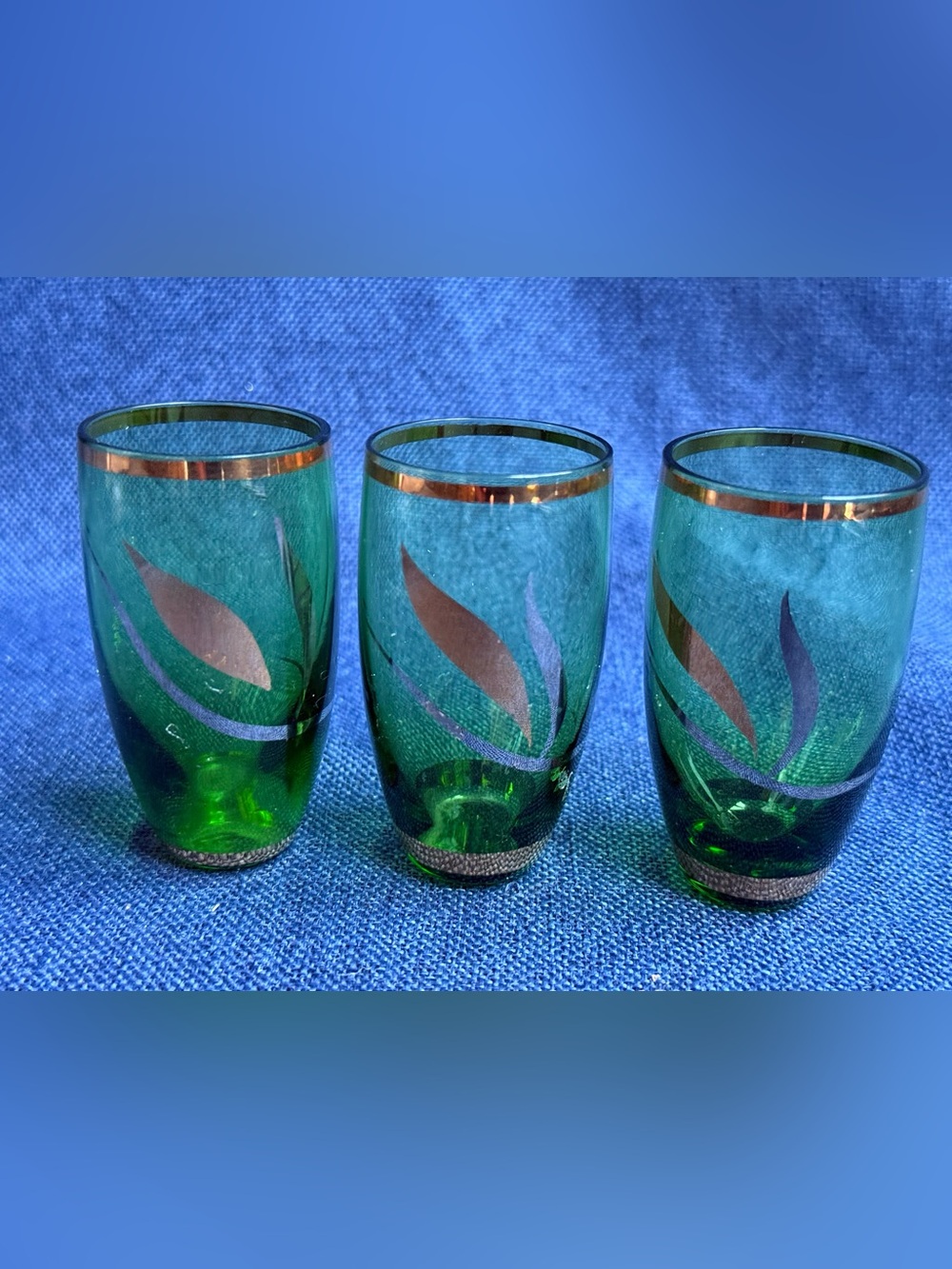 Vintage Mid Century Emerald Green 22k Gold Trim Shot Glasses Tequila 3pc Set 3"